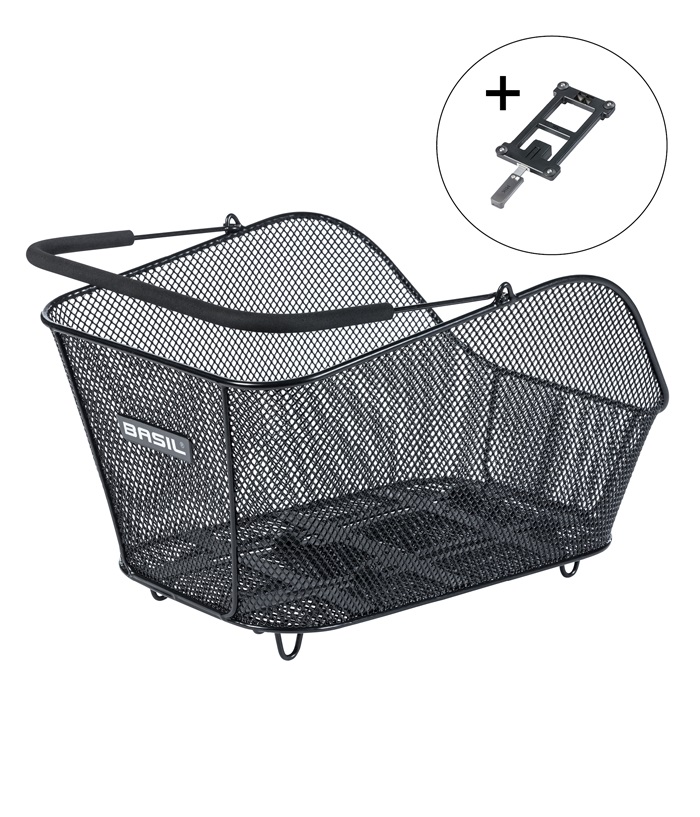 icon-mik.jpg Svart cykelkorg från Basil, modell Icon MIK, inklusive adapterplatta syns uppe till höger. Korgen är gjord av metallnät och har ett handtag med skumgrepp.