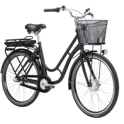 Svart Monark E-karin 3s elcykel med korg och pakethållare, isolerad mot vit bakgrund. Cykeln är välbelyst och detaljrik, vilket framhäver dess moderna design.
