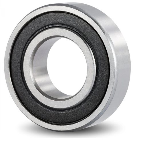 Detaljrik bild av ett SKF 61800-2RS1 maskinkullager, 10x19x5 mm, med silverfärgade stålringar och tätningar i svart. Diffus belysning framhäver detaljerna och den släta ytan.