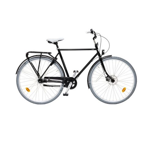 En svart herrcykel, Skeppshult Smile 7, visas i detalj. Den har en vit sadel och gråa däck. Stilen är klassisk och elegant, med god belysning som framhäver detaljerna.