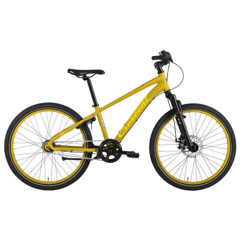 Gul Crescent Jare 7s barncykel, 24 tum. Detaljerad bild med bra ljus, visar cykelns komponenter och design tydligt mot en ren bakgrund.