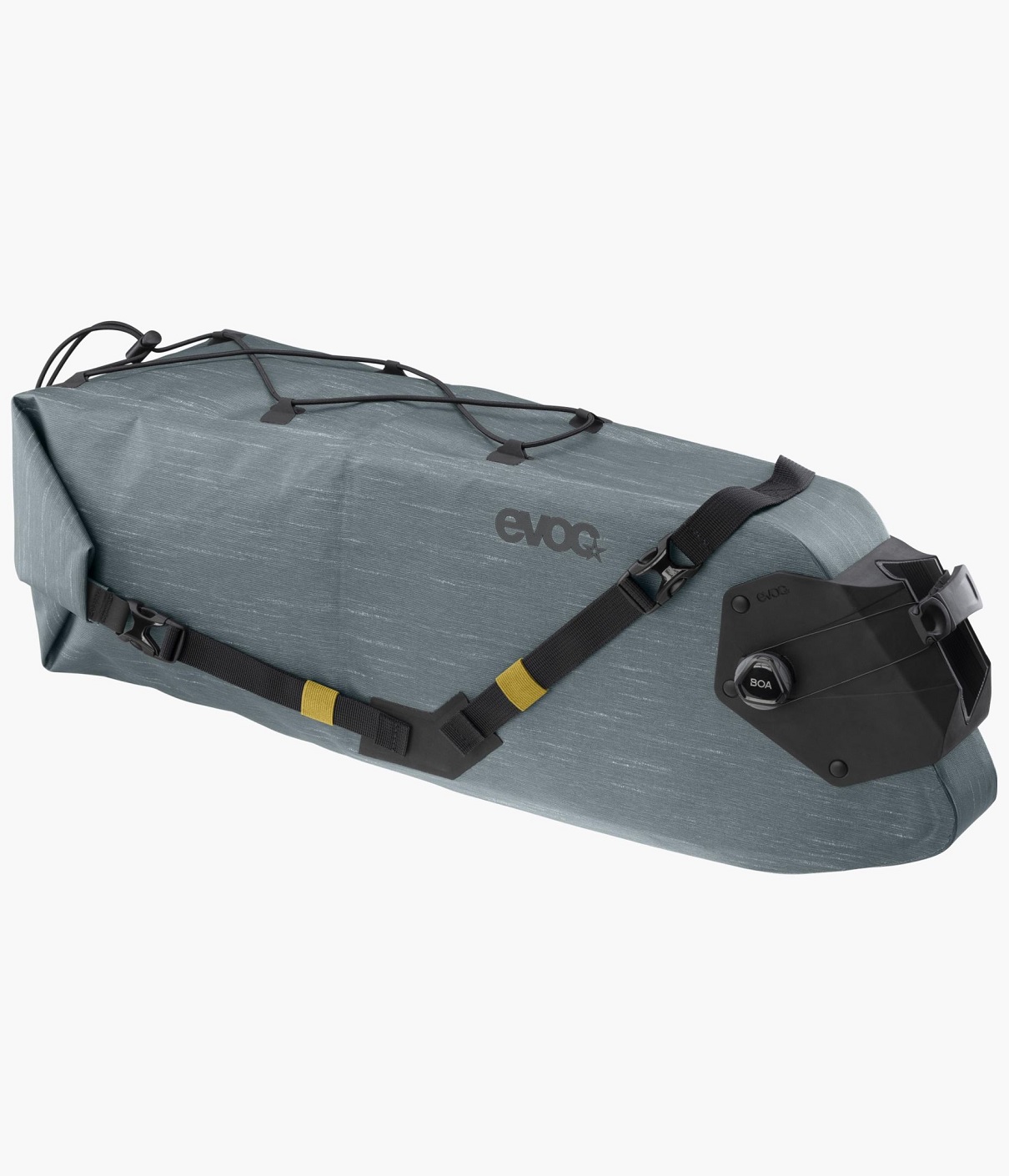 Evoc-SEAT-PACK-BOA-WP-12 En sadelväska från Evoc, modellen Seat Pack Boa WP, med en kapacitet på 12 liter. Väskan är grå med svarta detaljer och remmar, samt med inslag av gult.
