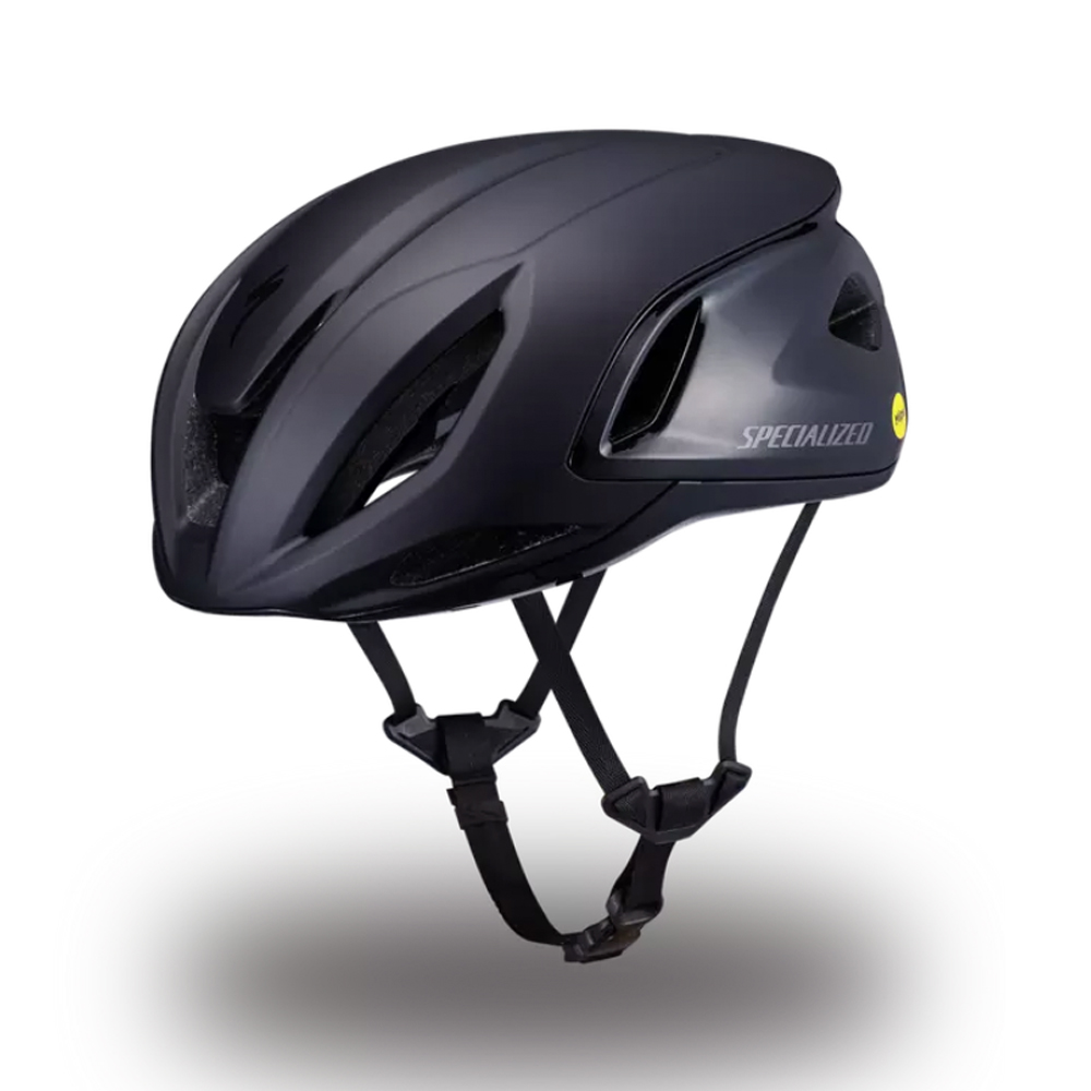 Hjälm Specialized Propero 4 Svart 5 Mörk, aerodynamisk Specialized Propero 4 cykelhjälm mot en vit bakgrund med mjuk skugga. Hjälmens glansiga yta och ventilationshål framhävs av subtilt ljus.