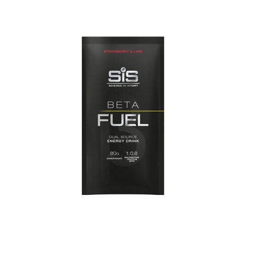 Förpackning med SiS Beta Fuel Dual Source Energy Drink i smakerna jordgubb och lime. Förpackningen är i svart färg med detaljerad text om produktens innehåll och egenskaper.