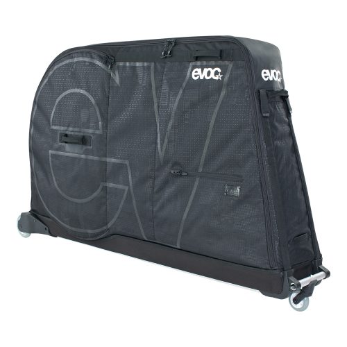 En svart Evoc Bike Bag PRO 2.0 cykelväska, avsedd för säker transport. Väskan har hjul för enkel förflyttning och är prydd med mörkgrå Evoc-logotyp.