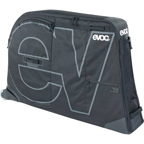 Svart och grå Evoc Bike Bag 2.0 cykelväska för transport, med hjul och handtag, under lätt studiomiljöbelysning, framhäver dess robusta konstruktion och stora "EVOC" logotyp.