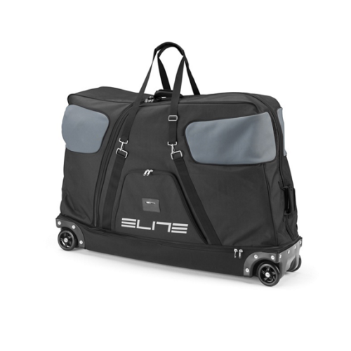 En stor, svart Elite Borson Bike Bag cykelväska står på hjul mot en vit bakgrund. Väskan har grå förstärkningar och tydlig Elite-logotyp. Studioljus framhäver material och design.
