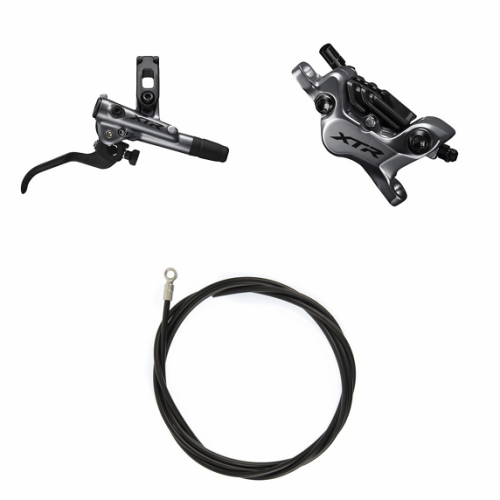 Shimano XTR M9120 skivbroms set, avbildat mot en vit bakgrund. Setet inkluderar ett broms handtag, bromsok och bromsslang. Belysningen är jämn och detaljerad och framhäver produktens form.