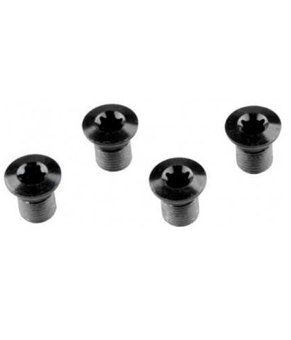 Drevbultar-FC-M9000 Fyra svarta drevbultar av Shimano XTR för FC-M9000 ligger på en vit yta. Bultarna har ett distinkt skålformat huvud med ett stjärnformat hål för verktyg och en kort gängad del.