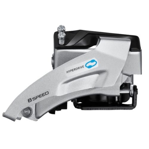 Detaljerad bild av en Shimano Altus FD-M315 framväxel. Den silverfärgade komponenten visar texten "8 SPEED" och "HYPERDRIVE" under jämn belysning, vilket framhäver dess mekaniska design.