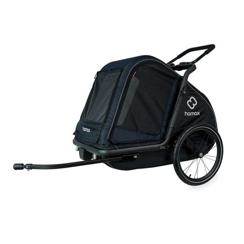 Svart cykelkärra Hamax Pluto för hund, storlek Medium/Large, mot en vit bakgrund. Kärran har nätfönster och Hamax-logotypen syns tydligt. Fotot är taget i bra ljus.
