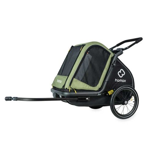 Cykelkärra Hamax Pluto i svart och grönt, avsedd för hundar. Den har stora hjul och en dragstång för enkel anslutning till cykeln. Huvudfokus ligger på bekvämlighet och säkerhet för djuret.