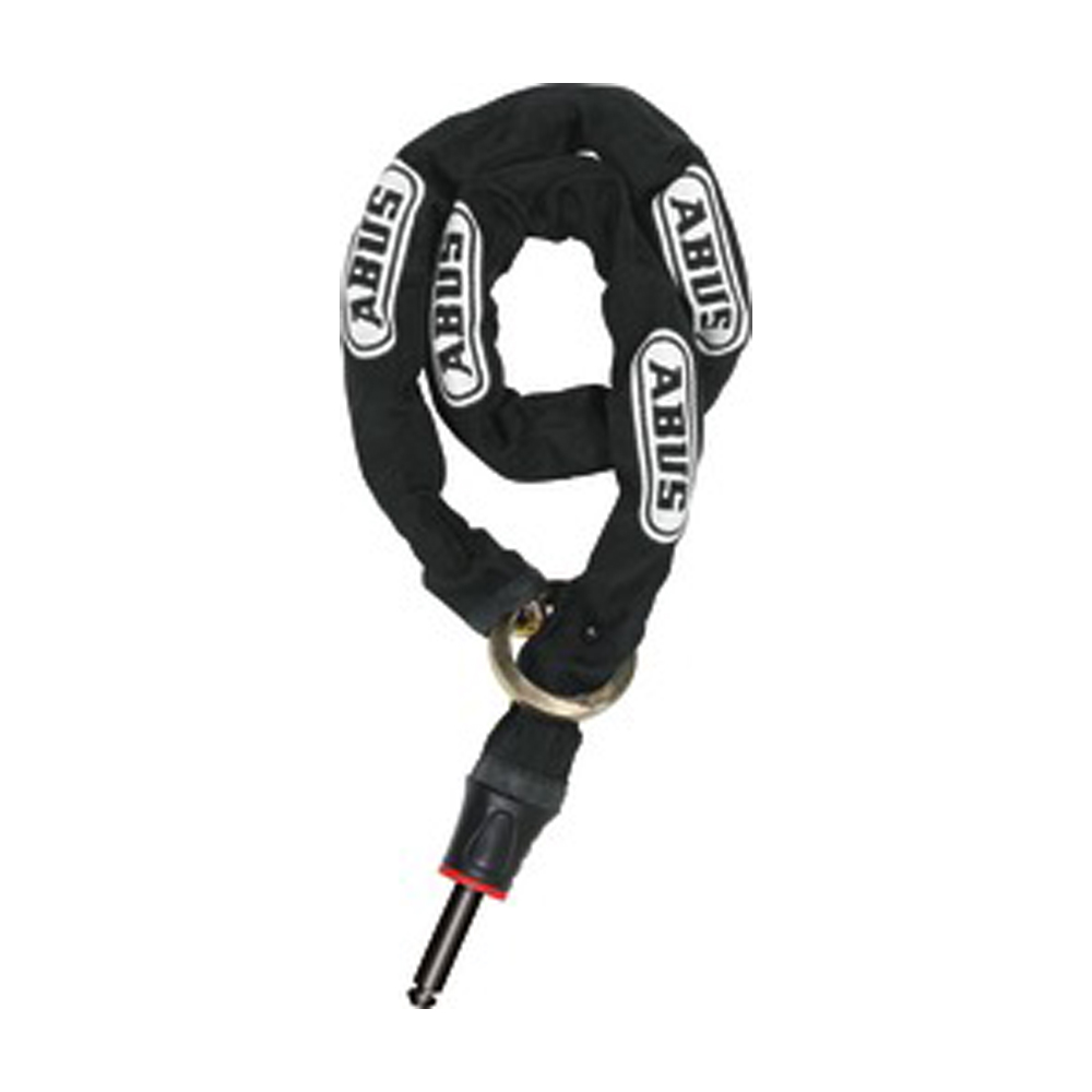 PLug in kätting Abus 6KS 85 100 130 Abus ACH 6KS plug-in-kedja med svart tygöverdrag och tydligt ABUS-tryck. Kedjan är låst med ett robust lås och nyckel, placerad mot en ren, ljus bakgrund.