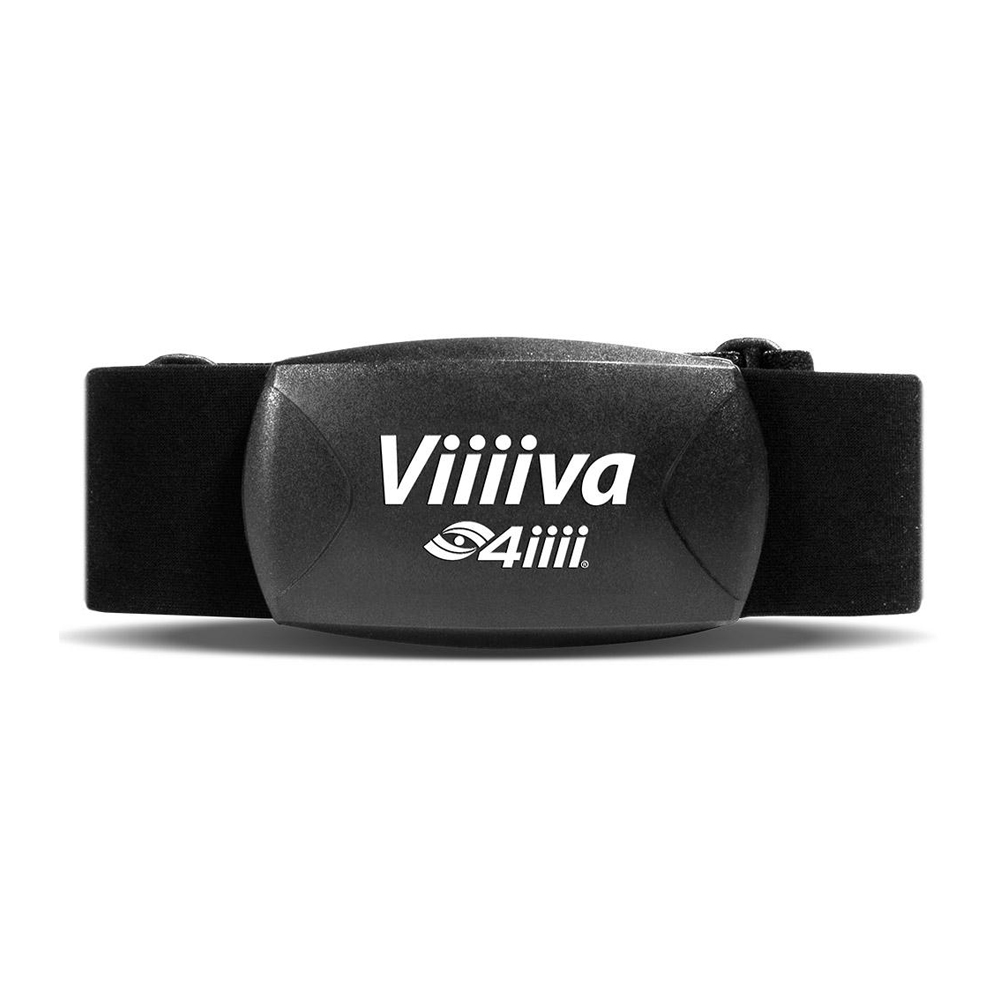 Pulsband 4iiii Viiiiva Memory Närbild av en Wattmätare 4iiii Shimano Ultegra R8100 Single Side 3+ pulssensor med band. Mörk, blank sensor med vit logotyp, placerad på en vit bakgrund, med mjuk belysning.