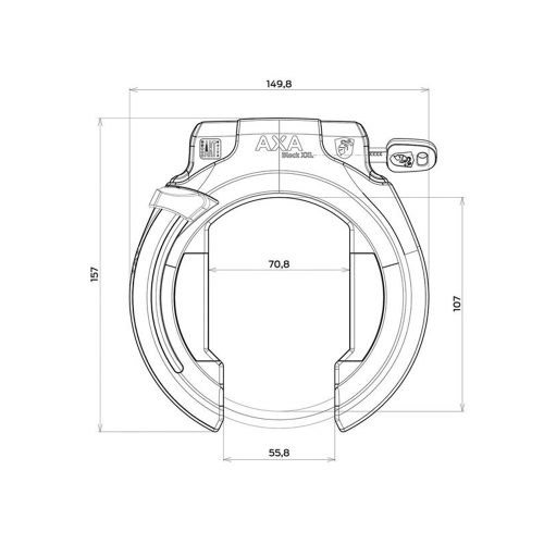 En detaljerad ritning av ett AXA Block XXL ramlås, med tydliga mått angivna i millimeter. Ritningen ger en teknisk översikt av låsets dimensioner, inklusive höjd, bredd och innerdiameter.