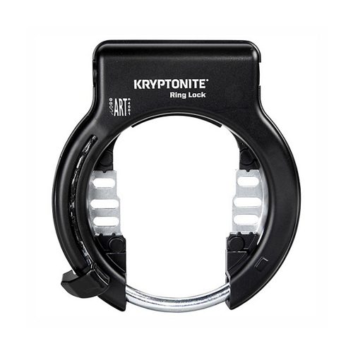 Svart Kryptonite Ring Lock cykellås, avsett för 'Ramlås Kryptonite Plug-in SSF', centrerat på vit bakgrund. Detaljerad bild med tydlig text och produktmärkning, väl belyst för att framhäva designen.