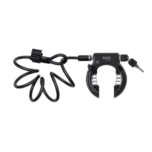 Ett ramlåspaket från AXA, "Solid Plus + Newton 150 mm Plug-in vajer", presenteras mot en vit bakgrund. Låset och vajern är svarta, med en nyckel synlig i låset.