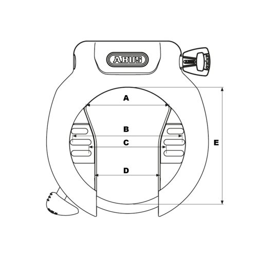 Detaljerad linjeteckning av ett Abus Shield 4650XL ramlås, extra brett, med mått angivna som A, B, C, D och E. Teknisk illustration för produktbeskrivning på cykeltillbehörssida.