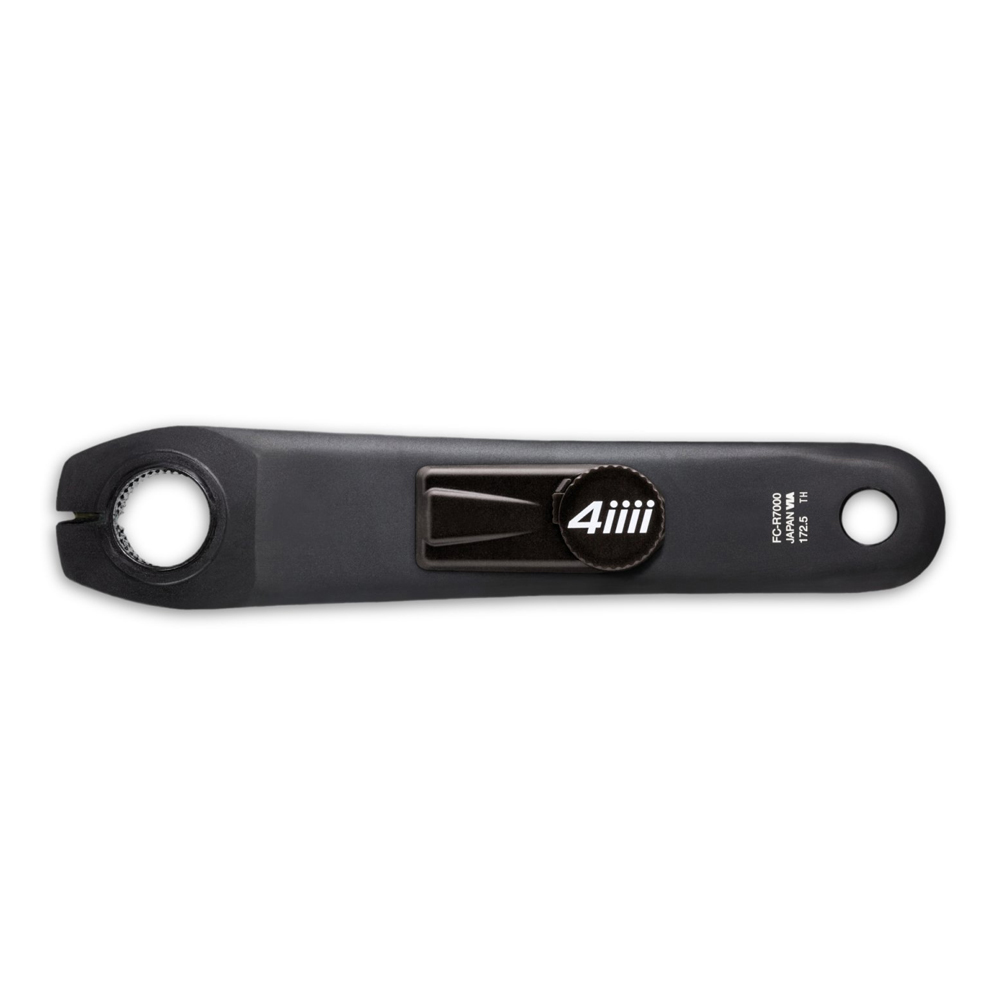 Wattmeter 4iiii Shimano 105 R7000 Dual Side 3+ En detaljerad bild av en 4iiii Shimano Dura Ace R9200 dubbelsidig wattmätare. Mjuk belysning framhäver de svarta detaljerna och den tekniska precisionen i konstruktionen.