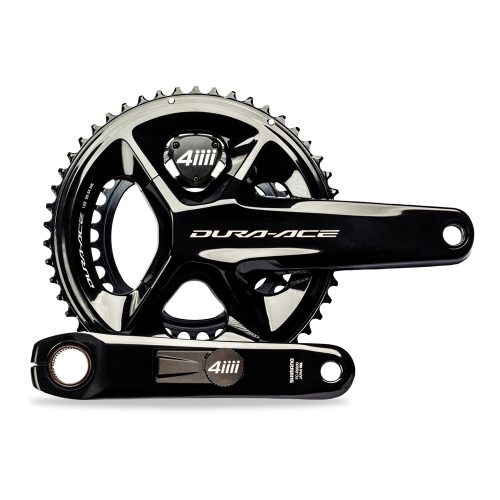 Glänsande svart Dura Ace R9200 vevparti med dubbelsidig 4iiii wattmätare. Detaljerad bild med stark belysning som framhäver komponenternas finish och konstruktion.