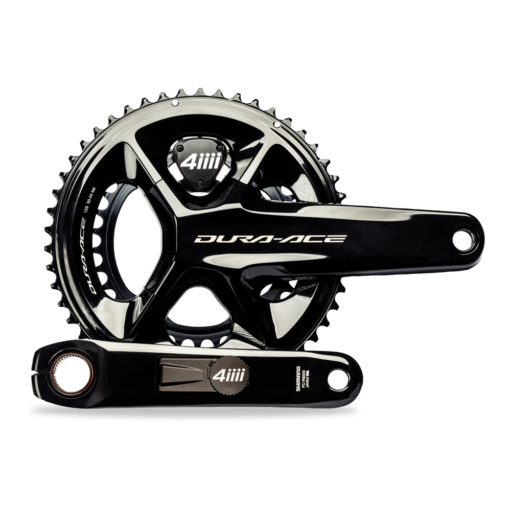 Wattmeter 4iiii Shimano Dura Ace R9200 Dual Side 3+ Glänsande svart Dura Ace R9200 vevparti med dubbelsidig 4iiii wattmätare. Detaljerad bild med stark belysning som framhäver komponenternas finish och konstruktion.