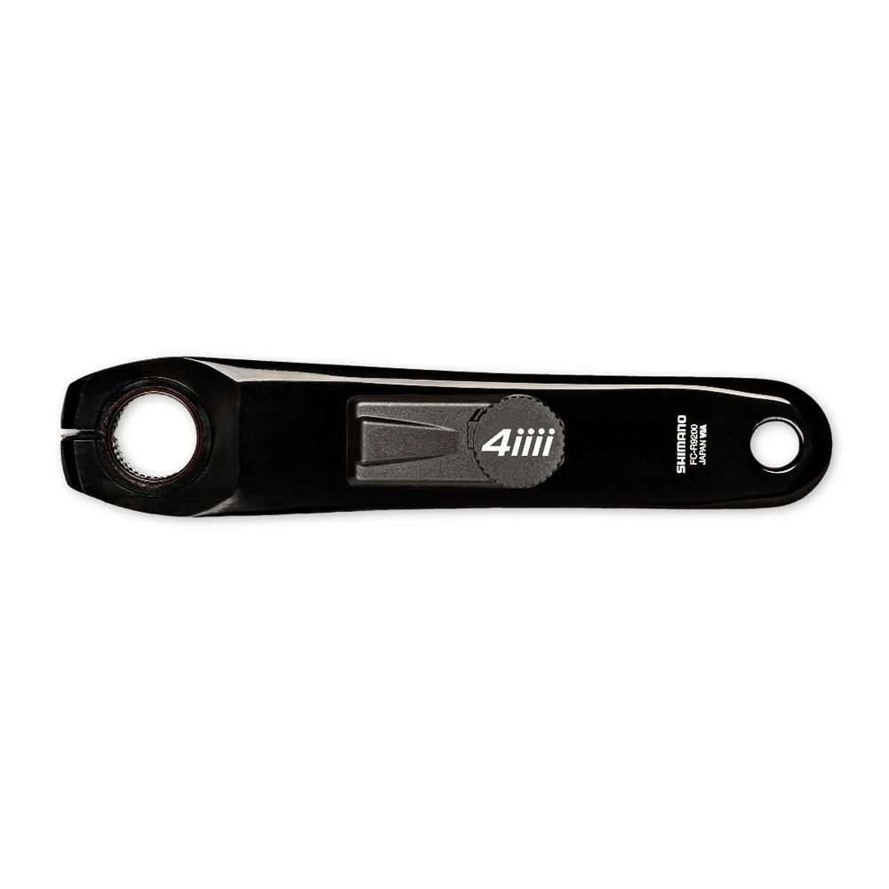Wattmeter 4iiii Shimano Dura Ace R9200 Singel Side 3+ Svart Wattmätare 4iiii Shimano Ultegra R8100 Single Side 3+, med grå detaljer och "4iiii" logotyp, i studiobelysning som framhäver detaljerna.