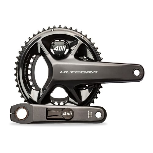 Mörkgrå 4iiii Shimano Ultegra vevarm med wattmätare i detalj. Stark belysning framhäver design och texturer. Vinkel fångar komponentens tekniska precision och estetik.