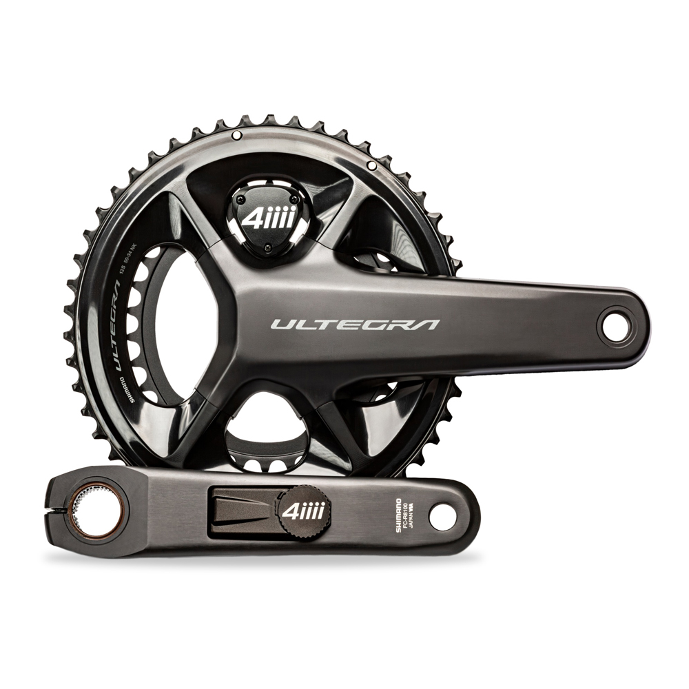 Wattmeter 4iiii Shimano ULtegra R8100 Dual Side 3+ Mörkgrå 4iiii Shimano Ultegra vevarm med wattmätare i detalj. Stark belysning framhäver design och texturer. Vinkel fångar komponentens tekniska precision och estetik.