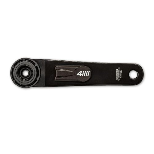 En svart 4iiii wattmätare för Shimano Dura Ace R9200, liggande på en vit bakgrund. Starkt ljus framhäver detaljerna i konstruktionen och logotypen.