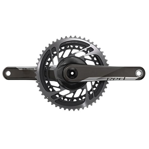 SRAM Red AXS GXP 50/37T vevparti med tolv växlar visas i detalj. Stark belysning framhäver den moderna designen och de tekniska finesserna.
