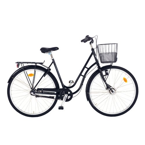 En svart Skeppshult Original damcykel, modell 28", visas mot en vit bakgrund. Elegant och stilren design med korg fram och pakethållare bak, perfekt för stadscykling.