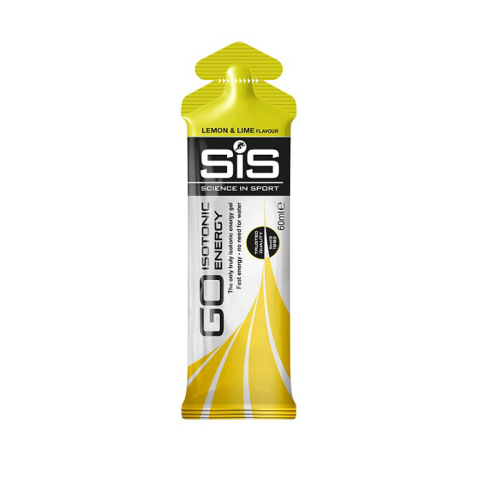 En ensamstående SiS GO Isotonic Energy Gel i citron- och lime-smak dominerar bilden. Gelen har en stark gul färg med en snygg gradient och texten "GO" i stora bokstäver. Isolerad mot en skarp, ren vit bakgrund.