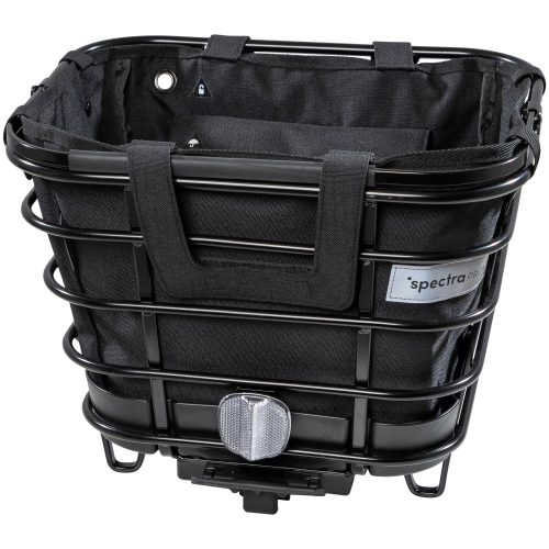 Spectra CarryOn Midi/Maxi cykelkorg i svart metall med tillhörande väska och överdrag. Korgen har en reflekterande detalj och väskan är tillverkad av slitstarkt tyg.