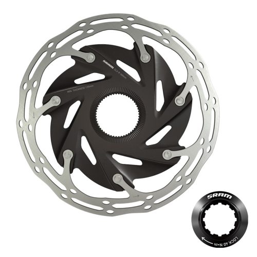 En skivbromsrotor för cykel med en silverfärgad yttre ring och svart inre spindel, med ett centerlock-fästsystem; en separat närbild av en svart SRAM-låsring visas också.