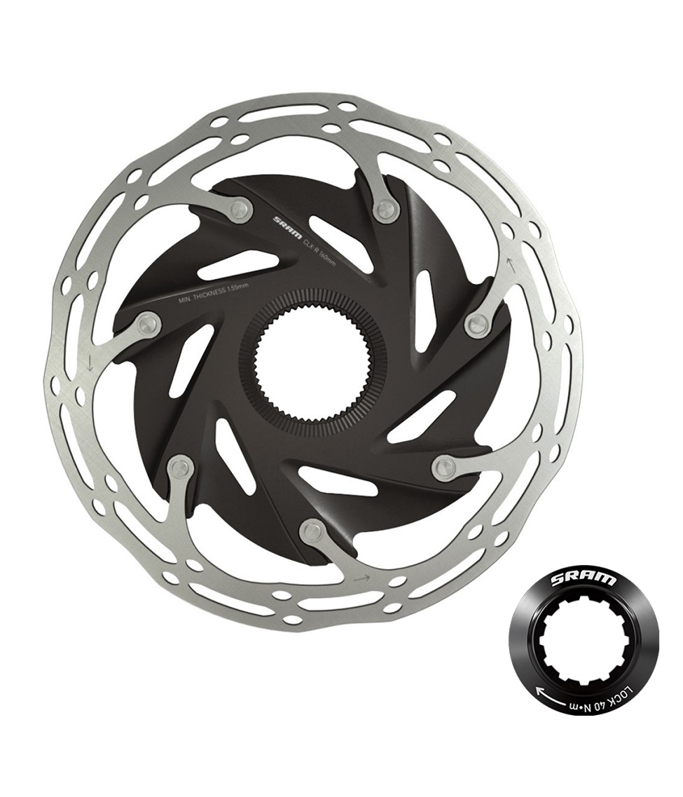 Centerline-XR-road En skivbromsrotor för cykel med en silverfärgad yttre ring och svart inre spindel, med ett centerlock-fästsystem; en separat närbild av en svart SRAM-låsring visas också.