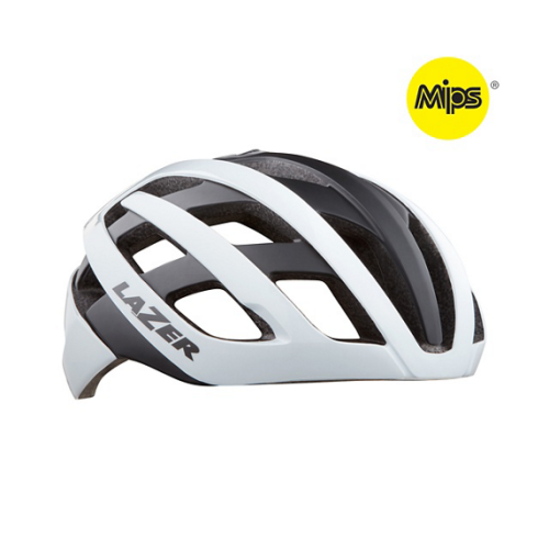 Cykelhjälm Lazer Genesis Mips i svart och vitt, med Mips-logotypen synlig. Stark belysning framhäver hjälmens aerodynamiska design och ventilationsöppningar. Elegant och säker.