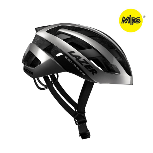 Silverfärgad Lazer Genesis Mips cykelhjälm mot en vit bakgrund. Hjälmen har svarta detaljer och spännen samt en gul Mips-logga i övre högra hörnet.