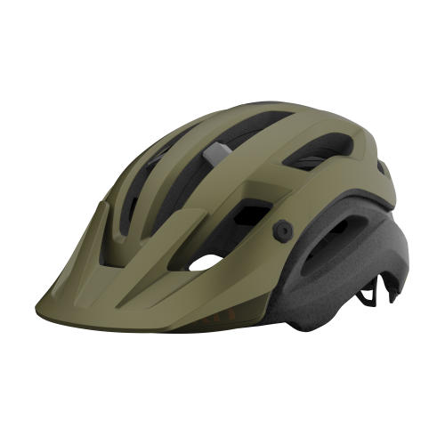 Cykelhjälm Giro Manifest Spherical MIPS i olivgrön och svart, upplyst med studioljus mot en svart bakgrund. Hjälmen har ett modernt utseende med flera ventilationshål.
