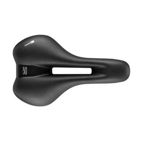 En svart Selle Royal Ellipse cykelsadel visas i sidovy mot en vit bakgrund. Sadeln har en långsträckt form med en öppning i mitten och ett diskret "SR"-märke.