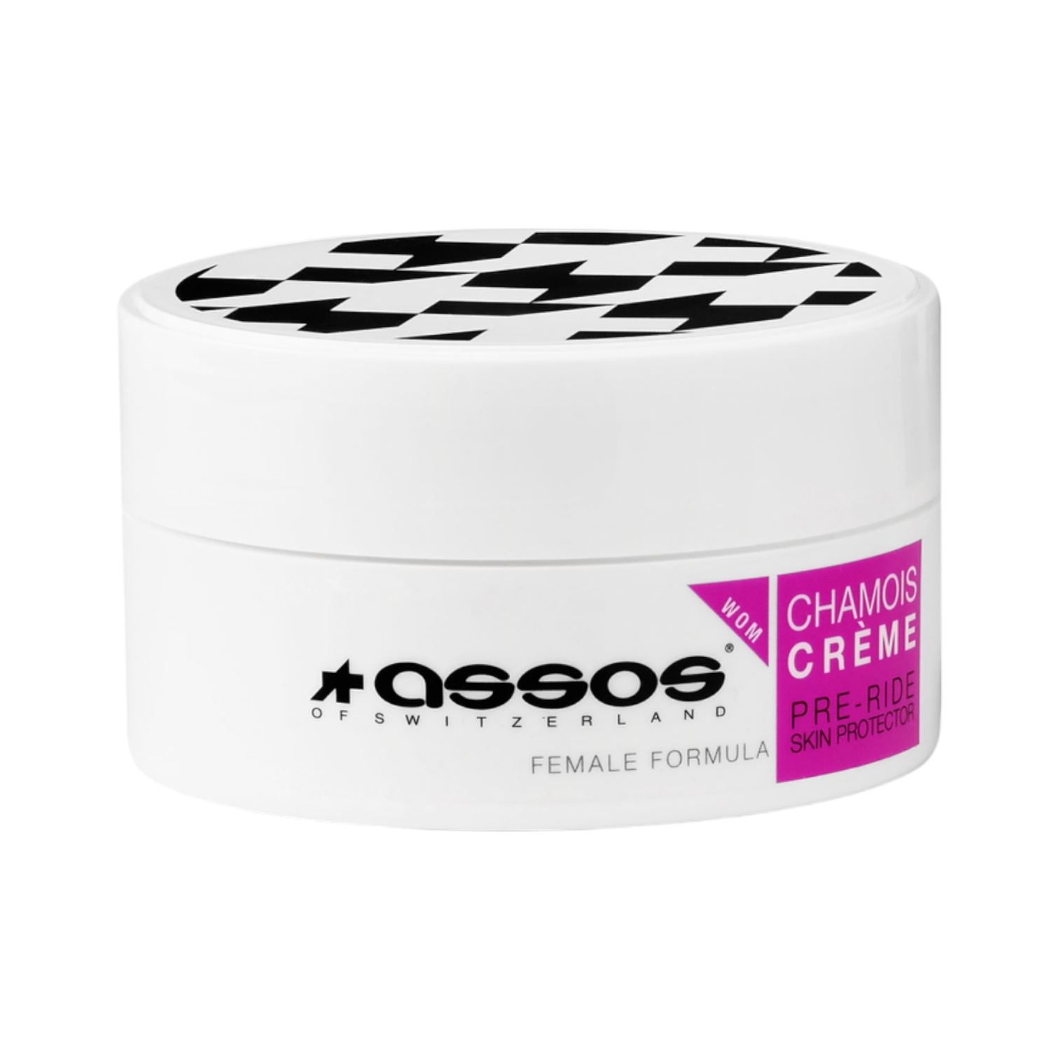 Assos Chamois Creme-2 Detaljerad bild av en burk Assos Chamois Creme Man, en hudskyddskräm för cyklister. Vit behållare med svart-vit mönster på locket och rosa detaljer i texten. Neutralt ljus.