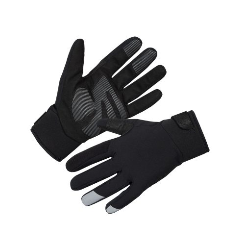 Ett par svarta Endura Strike handskar mot en vit bakgrund. Handskarna har förstärkta handflator med grå detaljer på fingertopparna och handflatan, designade för komfort och grepp.