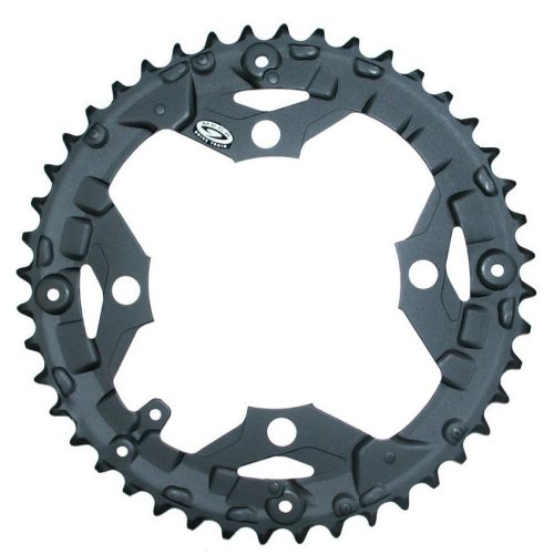 Detaljerat, mörkgrått Shimano framdrev FC-M391-9 Acera vevparti för 9-del med skarpt fokus och neutral belysning, framhävande dess unika design och precision. Används i vevpartier för 9-delade system.