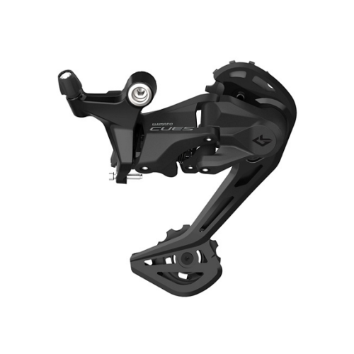 Svart Shimano CUES RD-U4020 bakväxel, 2x9s, mot en vit bakgrund. Detaljerad bild med fokus på växeln och dess mekaniska konstruktion, tydlig belysning framhäver texturer och former.