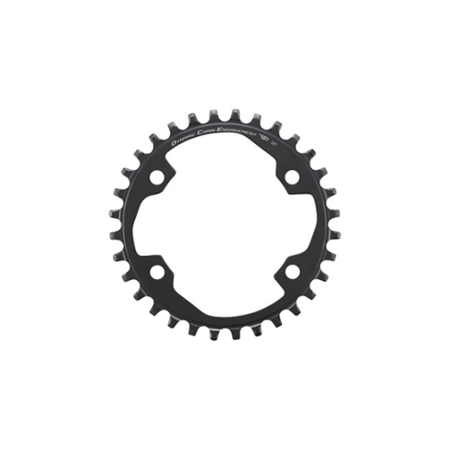 Svart kedjekrans Shimano CUES FC-U6000-1, 32T, visas i starkt ljus. Detaljerad textur och design är framträdande. Produktfotografering med ren bakgrund.