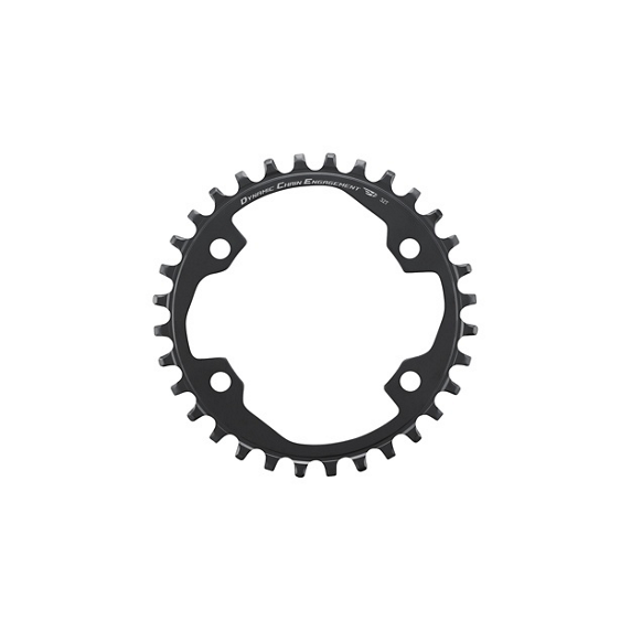 Y0R79802T-32T-FC-U6000-1-primary_1.jpg.thumb.572.572 Svart kedjekrans Shimano CUES FC-U6000-1, 32T, visas i starkt ljus. Detaljerad textur och design är framträdande. Produktfotografering med ren bakgrund.