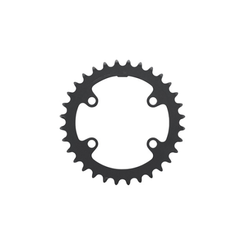 Svart framdrev Shimano CUES FC-U6010-2, 32T, detaljerad bild med skarpa spetsar och fyra monteringshål. Jämn belysning framhäver formen mot en neutral bakgrund.