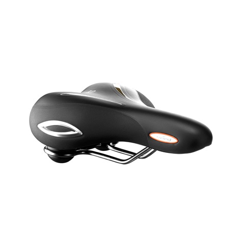 En detaljerad bild av en svart Selle Royal Lookin cykelsadel, upplyst mot en vit bakgrund. Sadlens design betonar komfort och är idealisk för avslappnade, moderata och sportiga cykelturer.