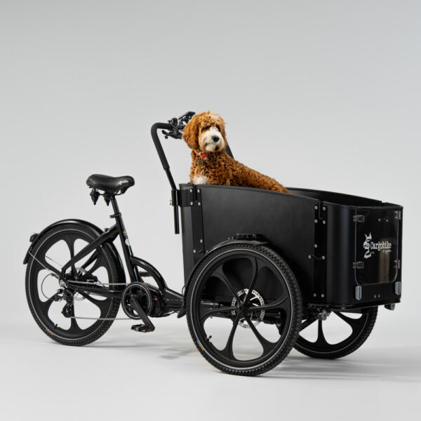 David-Elg-Moob-Cargobike-Delight-Dog-2-2023-S-1-600x600 En svart Lastcykel Cargobike Delight med en brun hund i lastlådan, fotograferad i studiobelysning. Fokus på detaljer i designen och hundens närvaro.