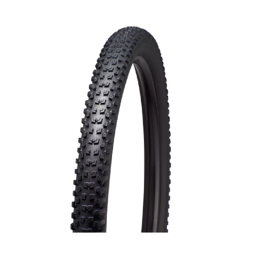Ett MTB-däck Specialized S-Works Ground Control syns i halvprofil mot en vit bakgrund. Däcket är svart med ett tydligt mönster av fyrkantiga dubbar för optimalt grepp.