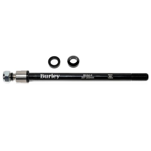 En svart Burley-bakaxel med två svarta ringar placerade ovanför. Texten "M12x1.0 167-183mm" och "Burley" är tydligt tryckta på axeln. Bra belysning framhäver produktdetaljerna mot en vit bakgrund.
